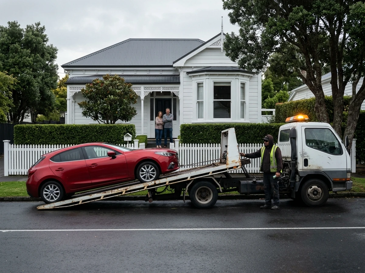A tow truck parked outside a villa on a leafy Auckland street, winching a red Mazda hatchback onto its tray while the worried owners watch from their doorstep with arms crossed